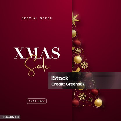 istock Decorative Christmas tree. Christmas Sale background. Realistic gold and red balls, star, snowflakes and serpantine. Design template for web site, social media, flyer, poster etc. 1346307137