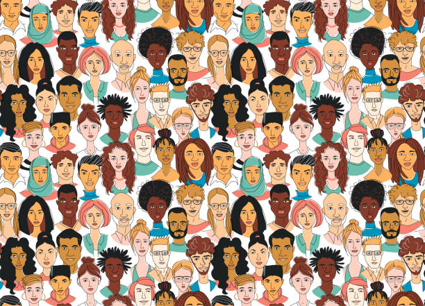 ilustrações, clipart, desenhos animados e ícones de fundo sem emenda da cabeça dos homens das mulheres diversas decorativas do teste padrão. grupo multiétnico - diversity