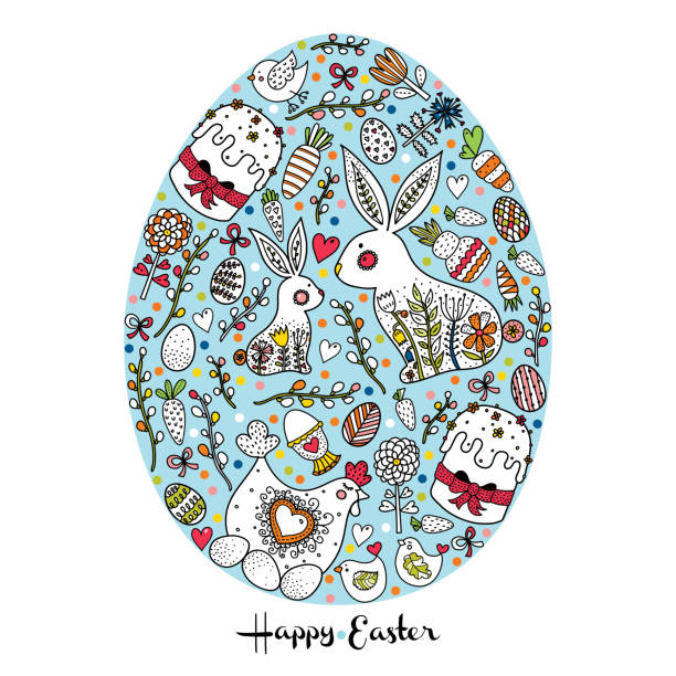 Decorative Easter card with Easter egg. Rabbits, flowers, chicken, chickens and polka dots. easter sunday stock illustrations