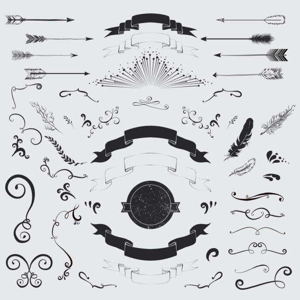 Decorative elements set: arrows, laurel, feathers, ribbons and labels Decorative elements set: arrows, laurel, feathers, ribbons and labels. Vector illustration. embellishment stock illustrations
