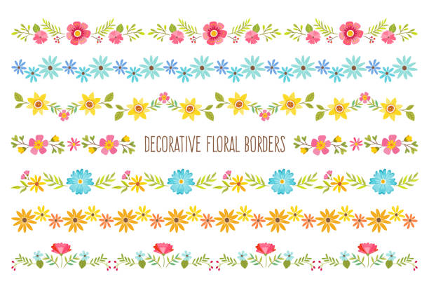 Decorative Floral Borders Set of colorful decorative floral borders. Perfect for create floral frame designs and text dividers. Vector illustration. summer borders stock illustrations