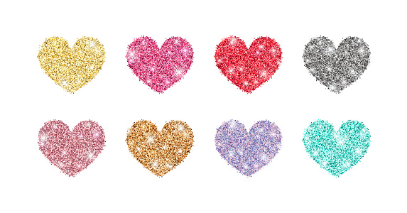 Decorative glitter shiny hearts set isolated on white. Rose gold, pink, golden, silver, red, mint, holographic glossy sparkles shape. Vector illustration for sticker, banner, Valentines greeting card