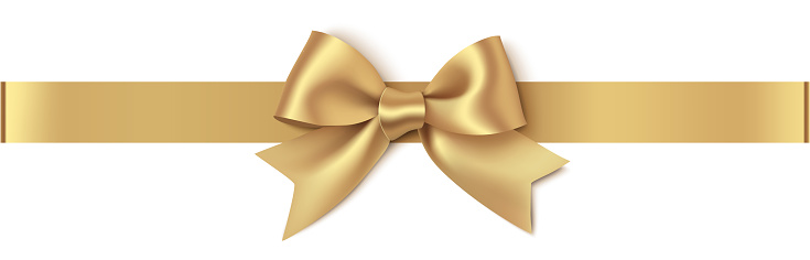 Decorative golden bow with horizontal ribbon isolated on white background.