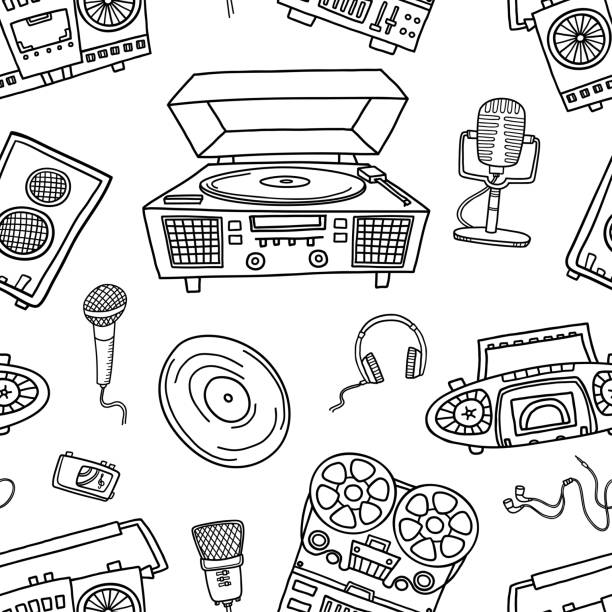 Decorative graphic musical seamless pattern, monochrome endless background Decorative graphic musical seamless pattern, monochrome endless pattern with tape recorders, microphones, headphones for wallpaper, pattern fills, web page background, textiles. dancing drawings stock illustrations
