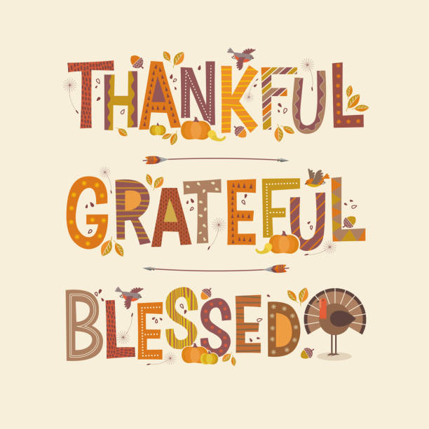 Decorative lettering Thankful, Grateful, Blessed. Thanksgiving holiday design. Decorative lettering Thankful, Grateful, Blessed. Autumn design elements, leaves, acorns and turkey. For banners, cards, posters and invitations.  Thanksgiving holiday design. thanksgiving stock illustrations