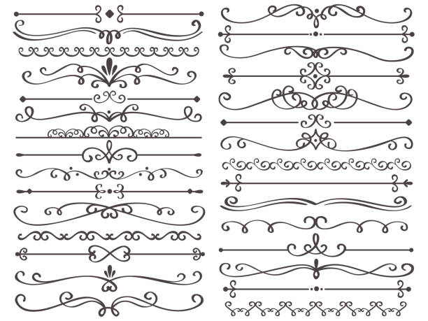 Decorative page divider. Vintage decor lines, luxury wedding frame line and ornate swirl dividers isolated vector set Decorative page divider. Vintage decor lines, luxury wedding frame line and ornate swirl dividers. Border frames, ornate swirls floral pages divider. Calligraphic isolated vector icons set wedding patterns stock illustrations