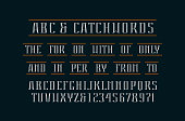 Decorative serif font and catchwords. Letters and numbers for label and title design. Print on black background