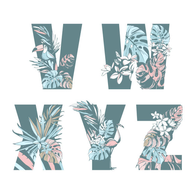 Decorative set tropical pattern letters alphabet font hand drawn floral ornament. Decorative set floral tropical tropic pattern letter alphabet abc font. Lettering hand drawn beach palm leaves birds flowers ornament. Vector grunge pink blue illustration t-shirt print. V, W, X, Y, Z drawing of a fancy letter v stock illustrations