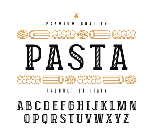 Decorative slab serif font in retro style Decorative slab serif font in retro style and pasta label. Isolated on white background capital architectural feature stock illustrations