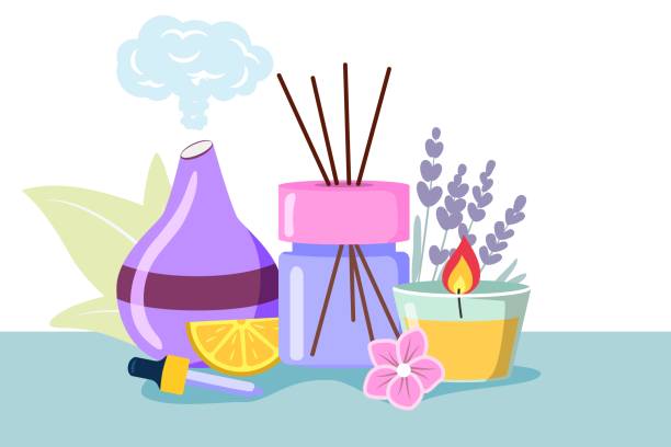 stockillustraties, clipart, cartoons en iconen met decoratieve ultrasone huis diffuser en lavendel bloemen voor meditatie en frisheid thuis en aromatherapie - essential oils smell