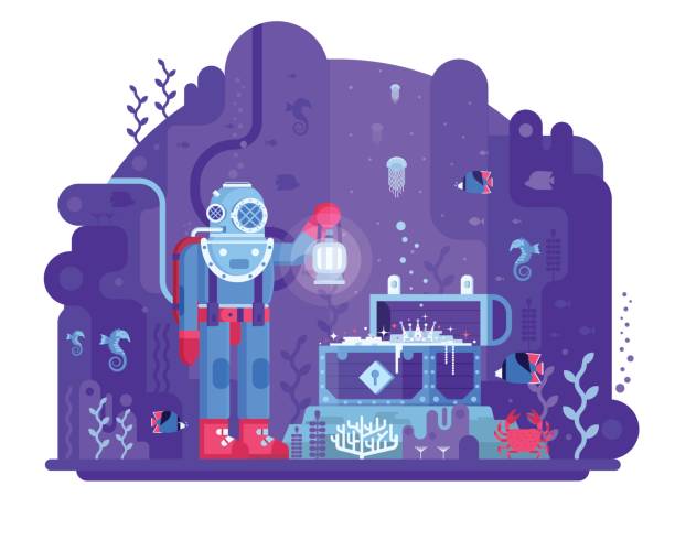 Deep Diver Find Sea Treasures Retro diver standing on seabed in underwater world finding open gold chest. Sea treasure hunting vector illustration. Deep diving concept scene with aqualunger in old scuba dive suit on coral reef. deep sea diving stock illustrations
