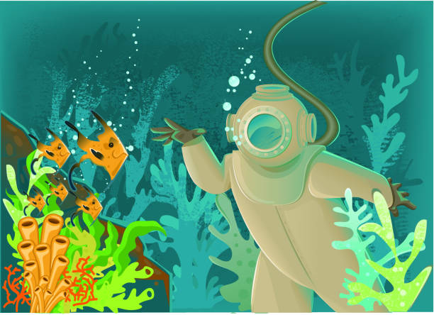 Deep Sea Diver waving hello to cute fish.  deep sea diving stock illustrations