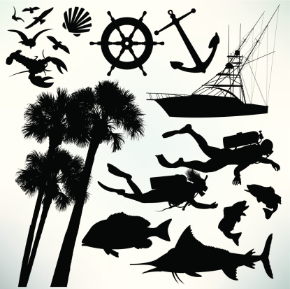 Deep Sea Diving Elements, sailboat, seagulls, anchor, palm trees, sailfish