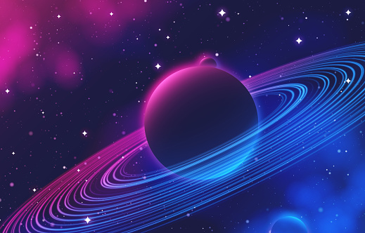 Outer space glowing planet with moons and rings like Saturn abstract background.