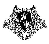 elegant roe deer head inside heraldic shield with rose flowers - vintage style floral coat of arms black and white vector design