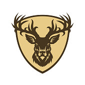 Deer head outline silhouette on a shield vector character icon