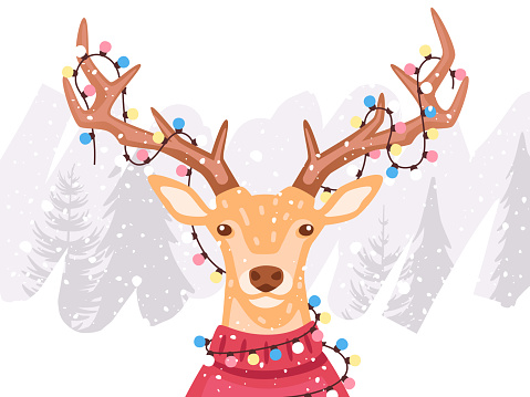 Deer in sweater. New Year, Christmas Holiday. Winter forest background. Funny cute cartoon character for kids. Realistic design. Vector illustration. Flat eps10. Gerland lights on the horns.