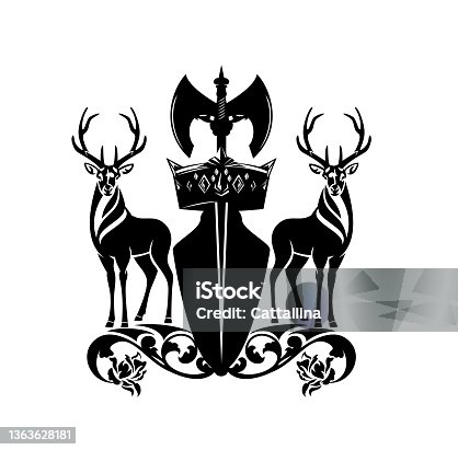 istock deer stag with viking battle axe, rose flowers and royal crown black and white vector heraldic design 1363628181