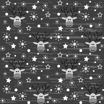 Deer, stars, snowflakes, polka dots, snowfall. Festive New Year illustration. Seamless pattern.