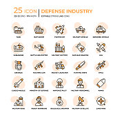 Defense Industry Editable Stroke Line Icons in Flat Style. Trendy Colors with unique style