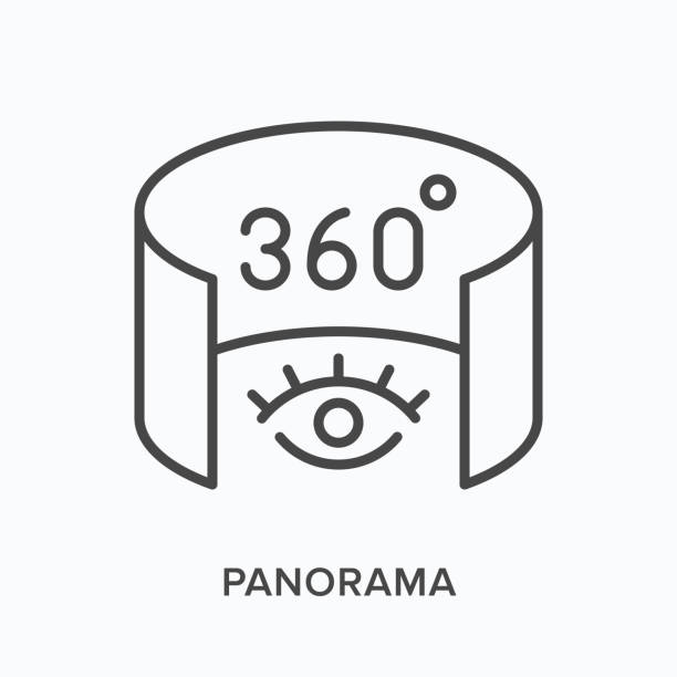 360度パノラマフラットラインアイコン。3d ツアーのベクトルアウトラインの図。拡張現実黒薄線ピクトグラム - 探求点のイラスト素材／クリップアート素材／マンガ素材／アイコン素材