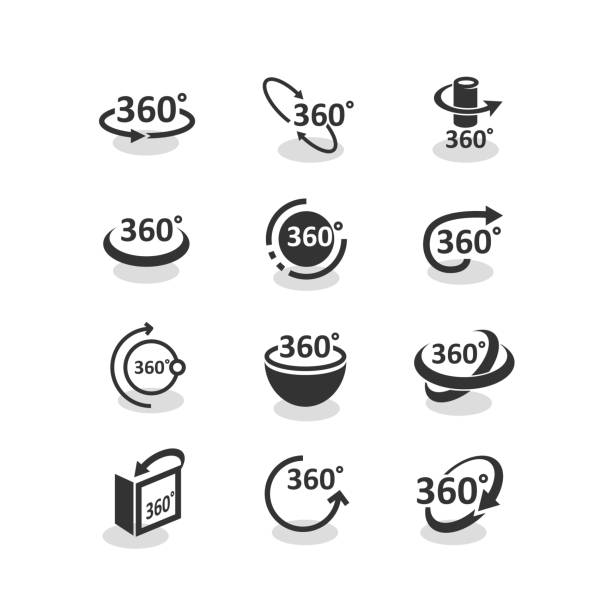 360 degree rotation icons set 360 degree rotation icons set. Rotation arrows vector illustration. Navigation pictogram, logo, 3d model, geometry math symbol. Full view in all projections concept. 360 degree view stock illustrations