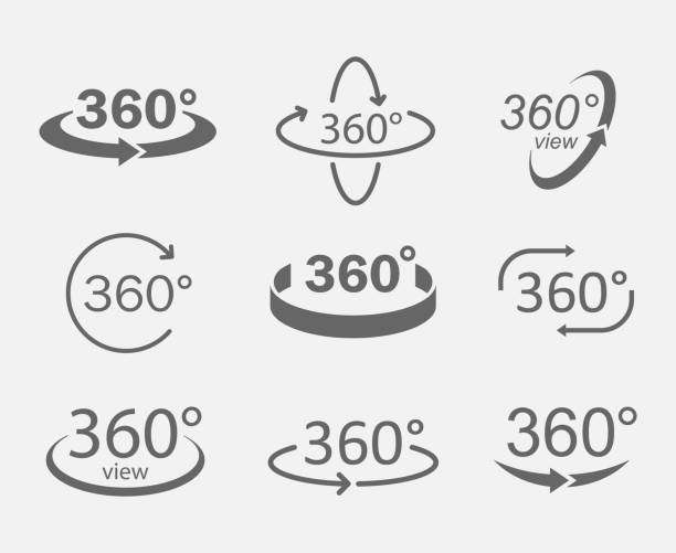 360 degree views icons 360 degree views of vector circle icons isolated from the background. Signs with arrows to indicate the rotation or panoramas to 360 degrees. 3d icons stock illustrations