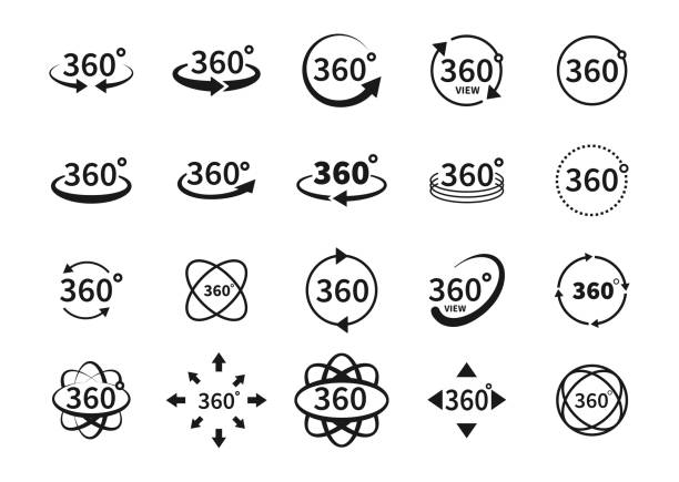 360-grad-ansichten von vektorkreissymbolen, die vom hintergrund isoliert festgelegt werden. zeichen mit pfeilen, um die drehung oder panoramen auf 360 grad anzuzeigen. vektor-illustration. - panorama stock-grafiken, -clipart, -cartoons und -symbole