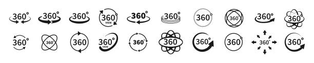 360 degree views of vector circle icons set isolated from the background. Signs with arrows to indicate the rotation or panoramas to 360 degrees. Vector illustration. vector art illustration