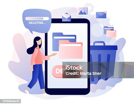 istock Delete concept. Tiny woman deleting data on smartphone. Move unnecessary files to the trash bin. Cleaning digital memory. Modern flat cartoon style. Vector illustration on white background 1296846625