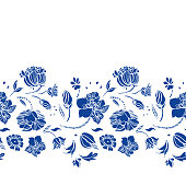 Vector delft blue royal hand drawn elegant floral seamless border with cut out blue florals on white background. Nature background. Surface pattern design.