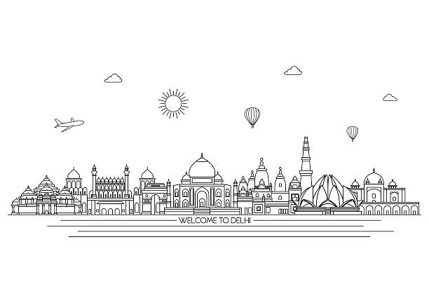ilustraciones, imágenes clip art, dibujos animados e iconos de stock de delhi detallada de los edificios perfilados contra el horizonte. vector de fondo. de la ilustración. estilo de arte - synagogue