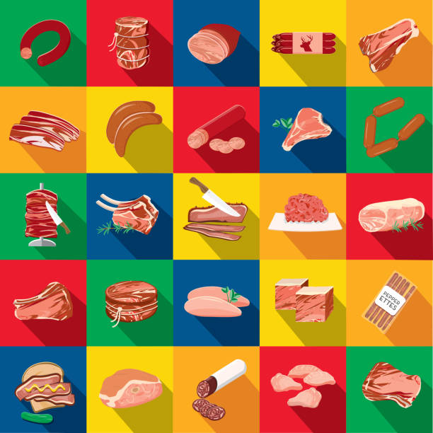 Deli meat cuts assorted cuts Flat Design themed Icon Set with shadow Vector illustration of a assorted cuts Deli meat cuts Flat Design themed Icon Set with shadow. Vector eps 10, fully editable. corned beef stock illustrations