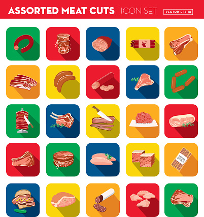 Vector illustration of a assorted cuts Deli meat cuts Flat Design themed Icon Set with shadow. Vector eps 10, fully editable. vector