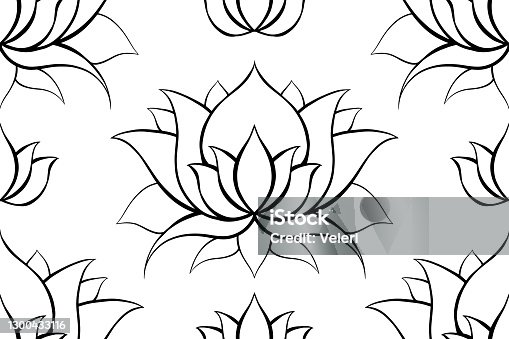 istock Delicate background with contours of lotuses. Outline water lilies on white. Delicate natural wallpaper for spa and yoga centers. Vector floral texture. 1300433116