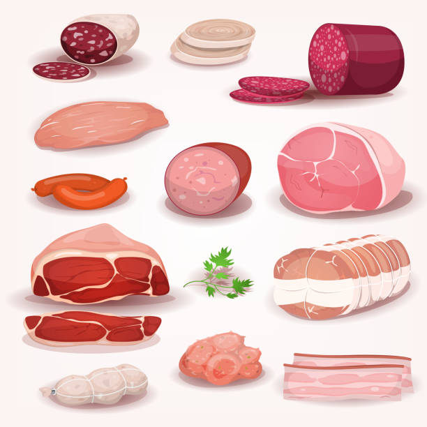 illustrations, cliparts, dessins animés et icônes de épicerie fine (delicatessen) et pièces de viande de la viande ensemble - fromager