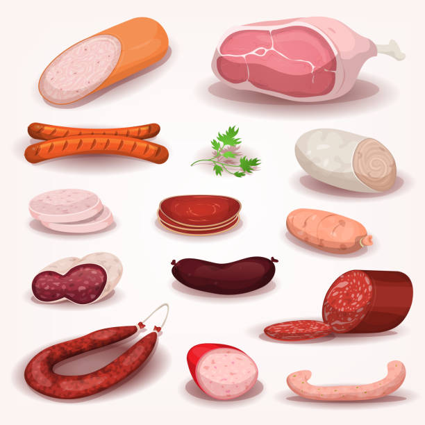 stockillustraties, clipart, cartoons en iconen met delicatessen and butchery meat set - chorizo