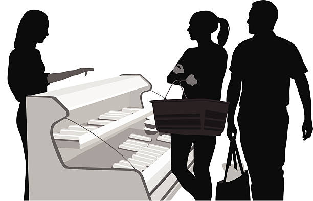 Delicatessen A man and woman make their selection at the local deli. supermarket silhouettes stock illustrations