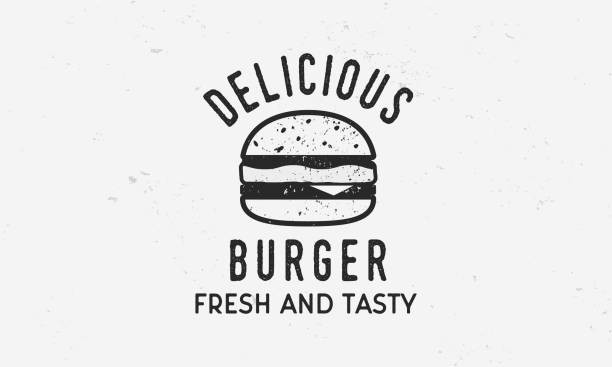delicious burger - szablon z logo vintage z sylwetką burgera i grunge teksturą. ilustracja wektorowa - burger stock illustrations