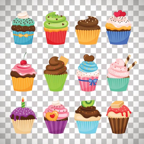 Delicious cupcakes set on transparent background Delicious cupcakes and vector sprinkles muffin set isolated on transparent background cupcake stock illustrations