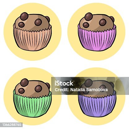 istock Delicious Cupcakes with chocolate chips in colorful molds, a design element, an emblem, an icon. Vector illustration 1366288765