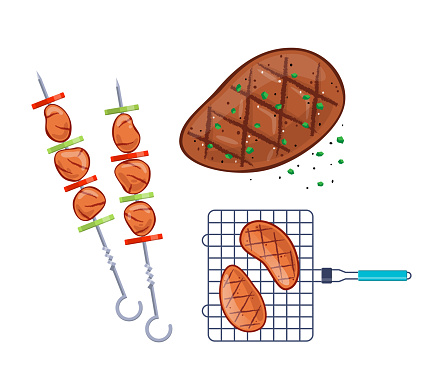 Delicious healthy food, meat, barbecue, shish kebabs with vegetables on skewers. Meat steak with different seasonings and herbs. Lunch, delicious food. Vector illustration isolated. vector