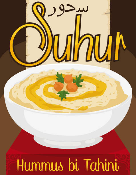 köstliche hummus bi tahini mit olivenöl für den ramadan suhur - hummus stock-grafiken, -clipart, -cartoons und -symbole