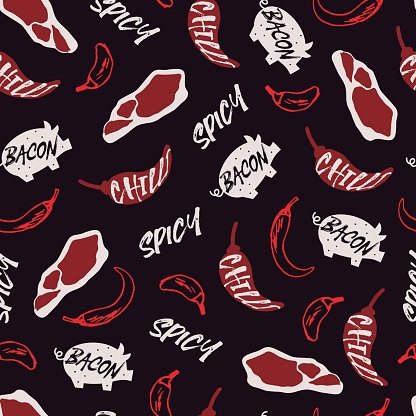 Delicious Spicy Chili Bacon Vector Graphic Art Seamless Pattern