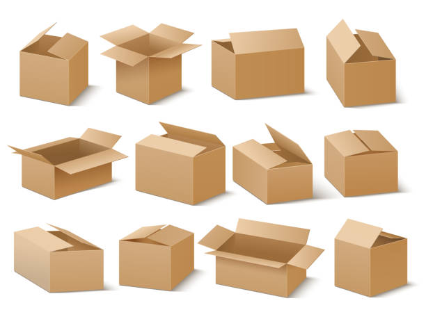 ilustrações de stock, clip art, desenhos animados e ícones de delivery and shipping carton package. brown cardboard boxes vector set - cardboard