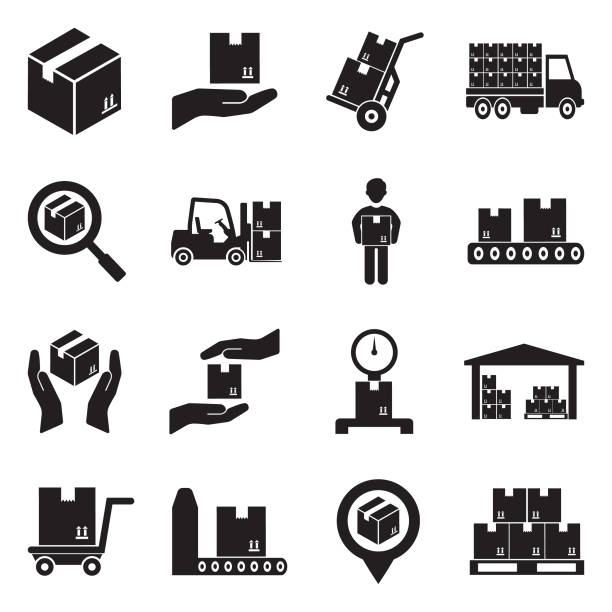 Delivery Boxes Icons. Black Flat Design. Vector Illustration. Shipping, Delivery, Box, Cargo, Transport safe move stock illustrations