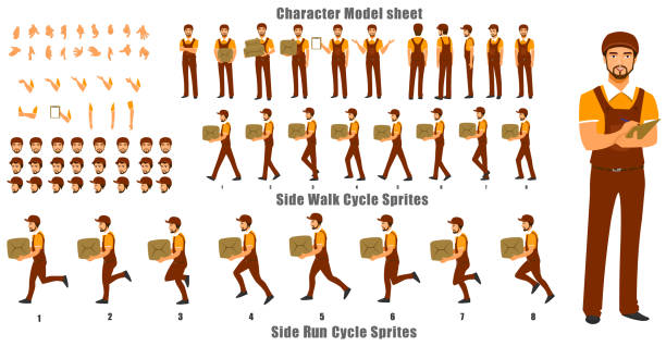 Delivery boy Character Turnaround Courier Person Character Model sheet with Walk cycle and Run cycle Animation Sequence businessman borders stock illustrations