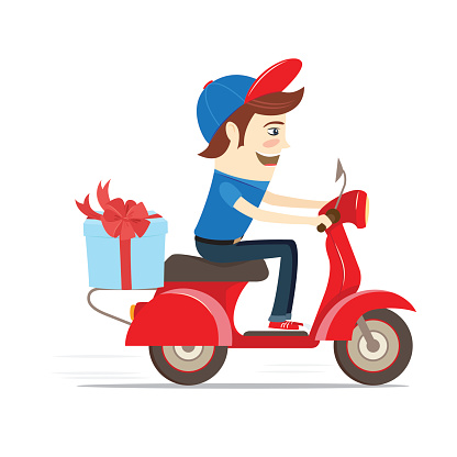 Delivery boy delivering gift box by scooter. Flat Vector illustration.