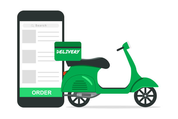 ilustrações de stock, clip art, desenhos animados e ícones de delivery food online concept.green scooter on mobile application - food wheel infographic