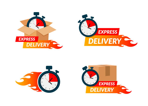 Delivery icons set for apps and website. Express delivery concept. Stopwatch in cardboard box. Vector illustration isolated on white background. Flat design. Eps10. Delivery icons set for apps and website. Express delivery concept. Stopwatch in cardboard box. speed clipart stock illustrations